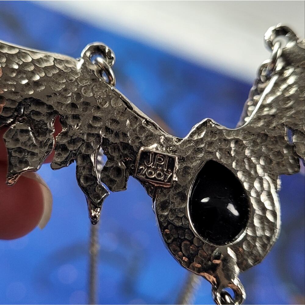 Signed JPL Bat Wing Pewter-tone Necklace Black Faceted Stone Pentacle Pentagram - Picture 3 of 6
